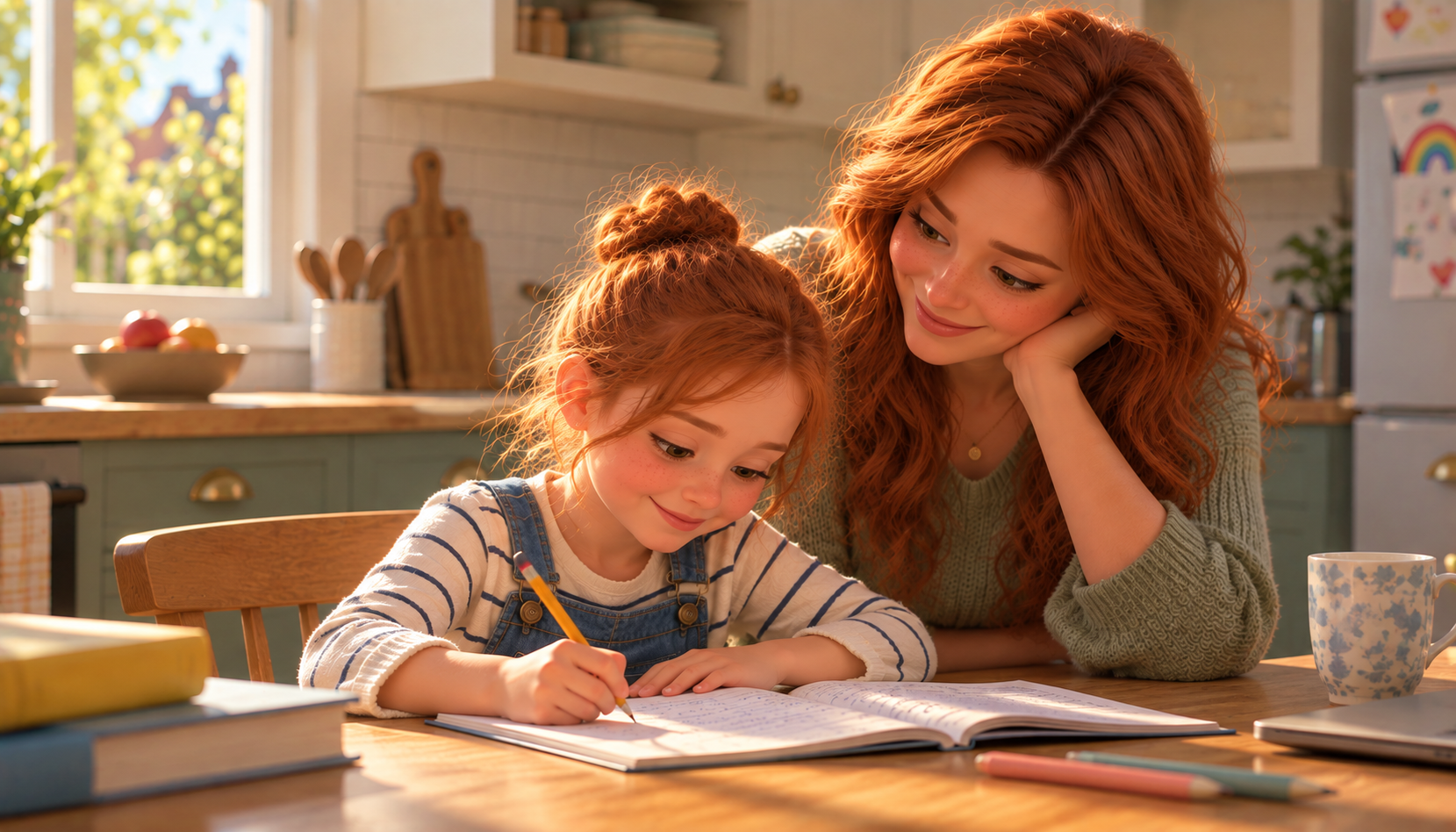 Daughter doing her English homework with her mother.