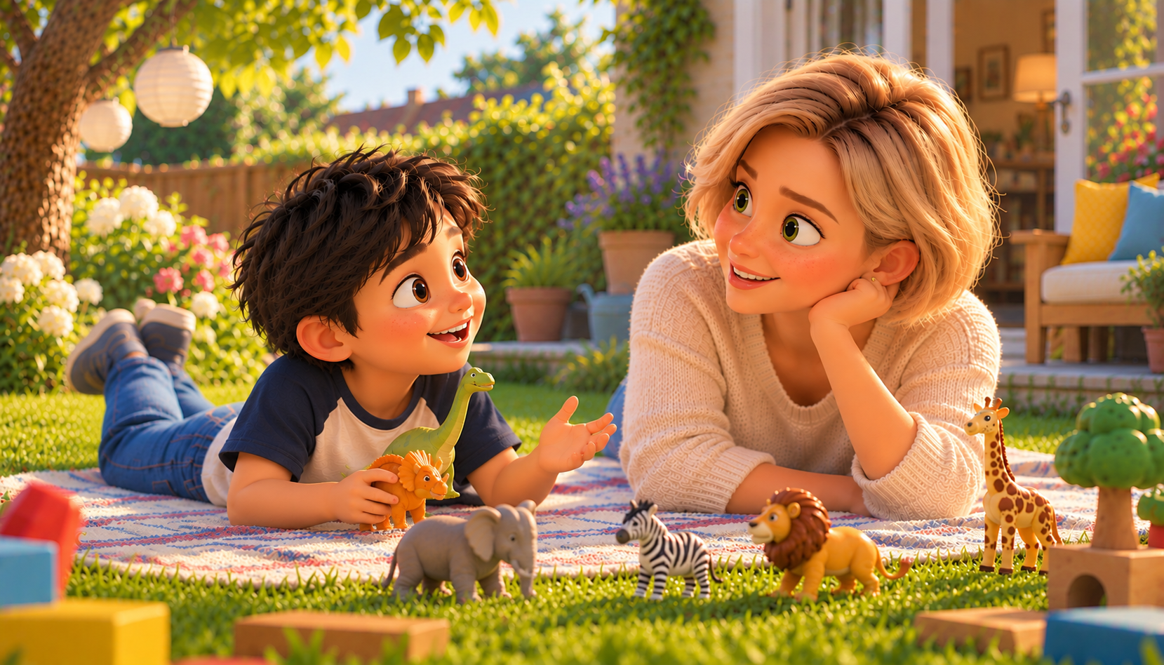 Mother and son playing with toys in the garden.
