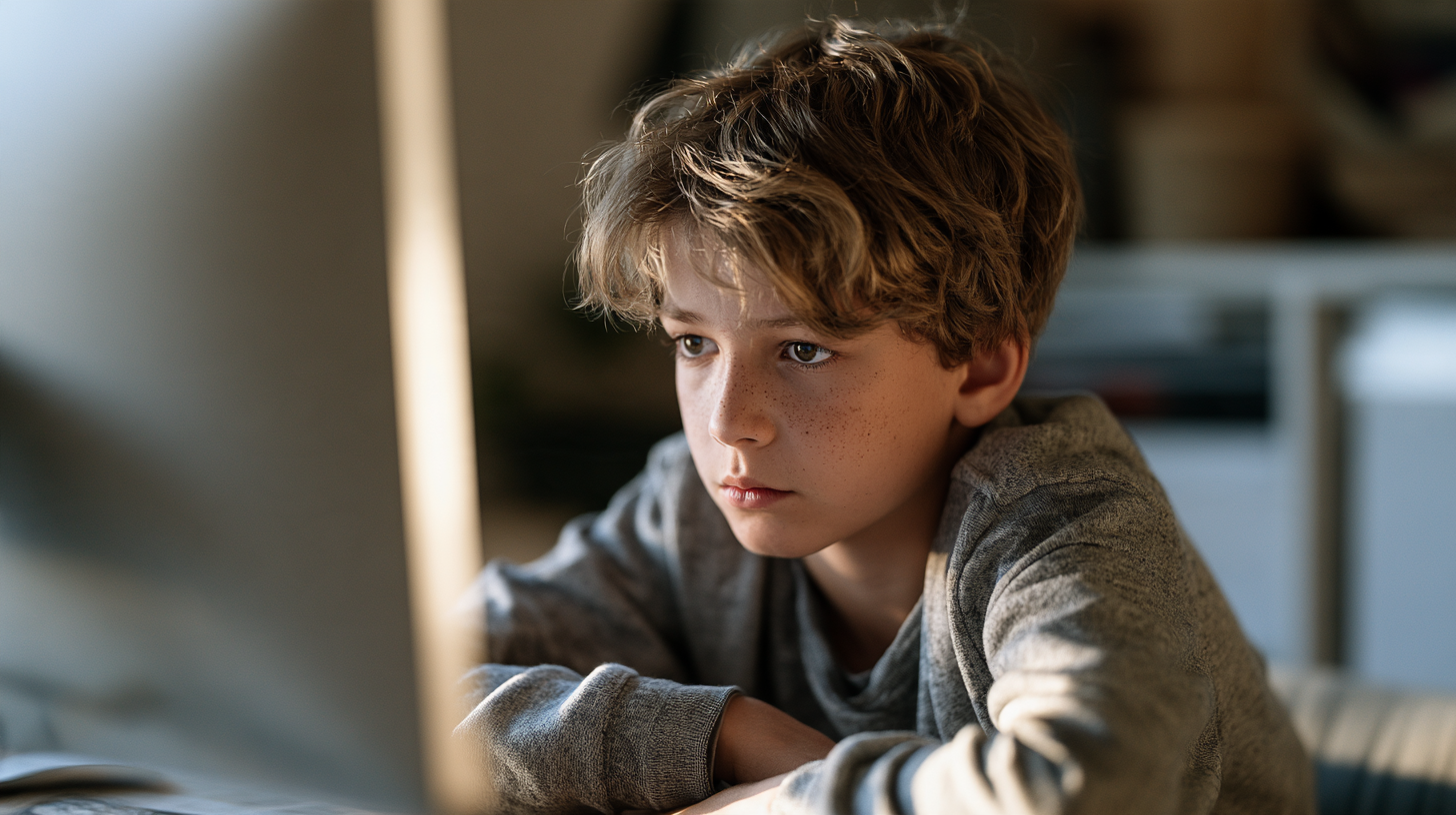 Un niño de 12 años estudiando inglés online con cara de concentración