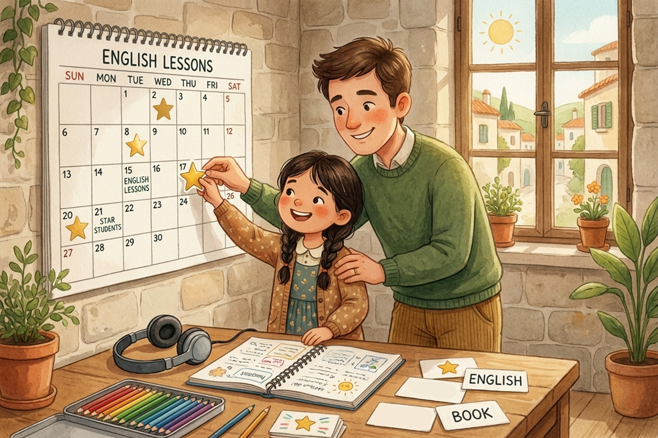 Un père et sa fille de 9 ans collent ensemble une étoile sur un calendrier mural après un cours d’anglais. Un casque, un cahier ouvert, des crayons de couleur et plusieurs cartes de vocabulaire sont posés sur la table voisine.
