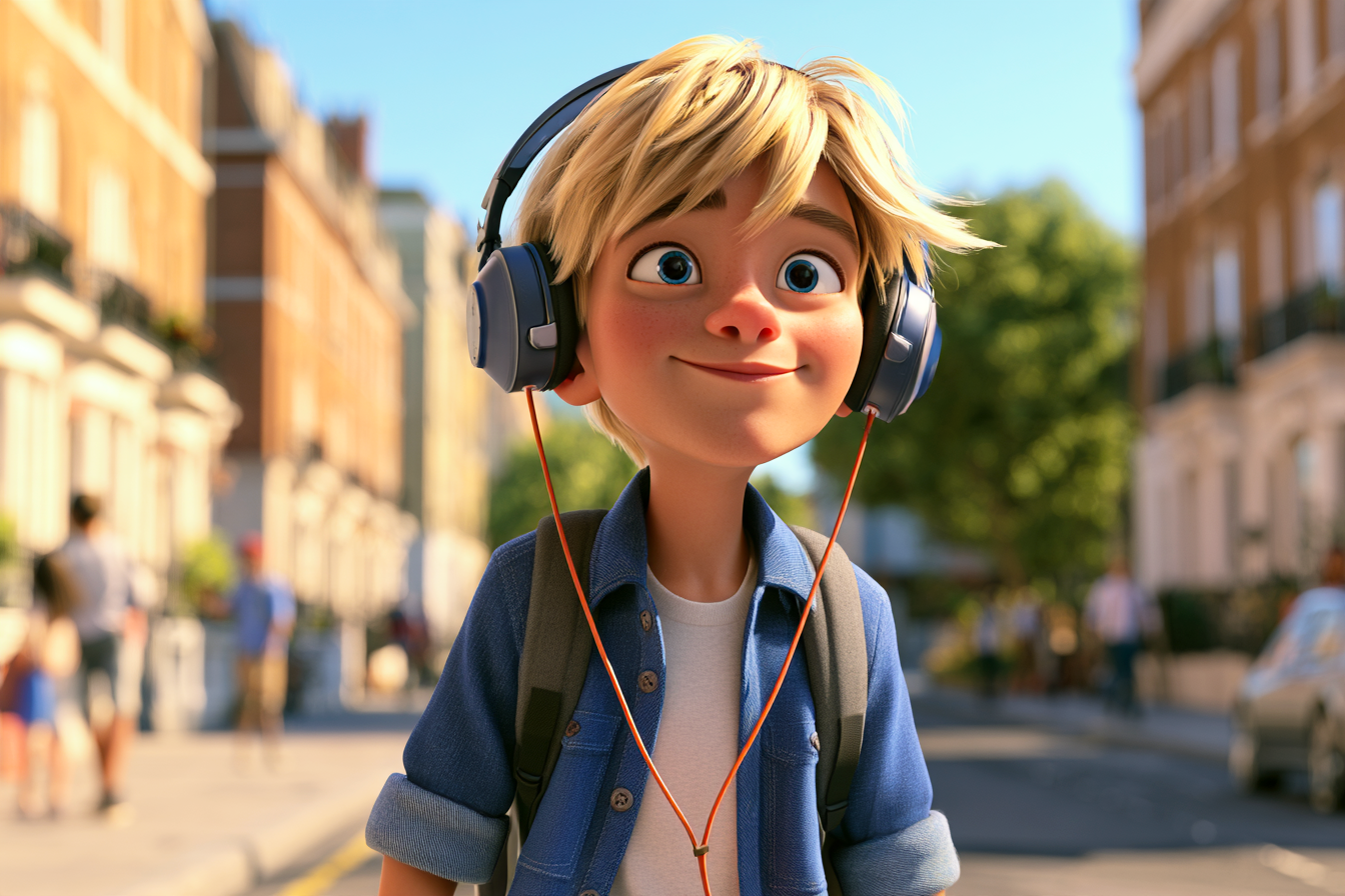 un bambino di circa 10 anni indossa le cuffie per ascoltare in inglese il suo podcast preferito