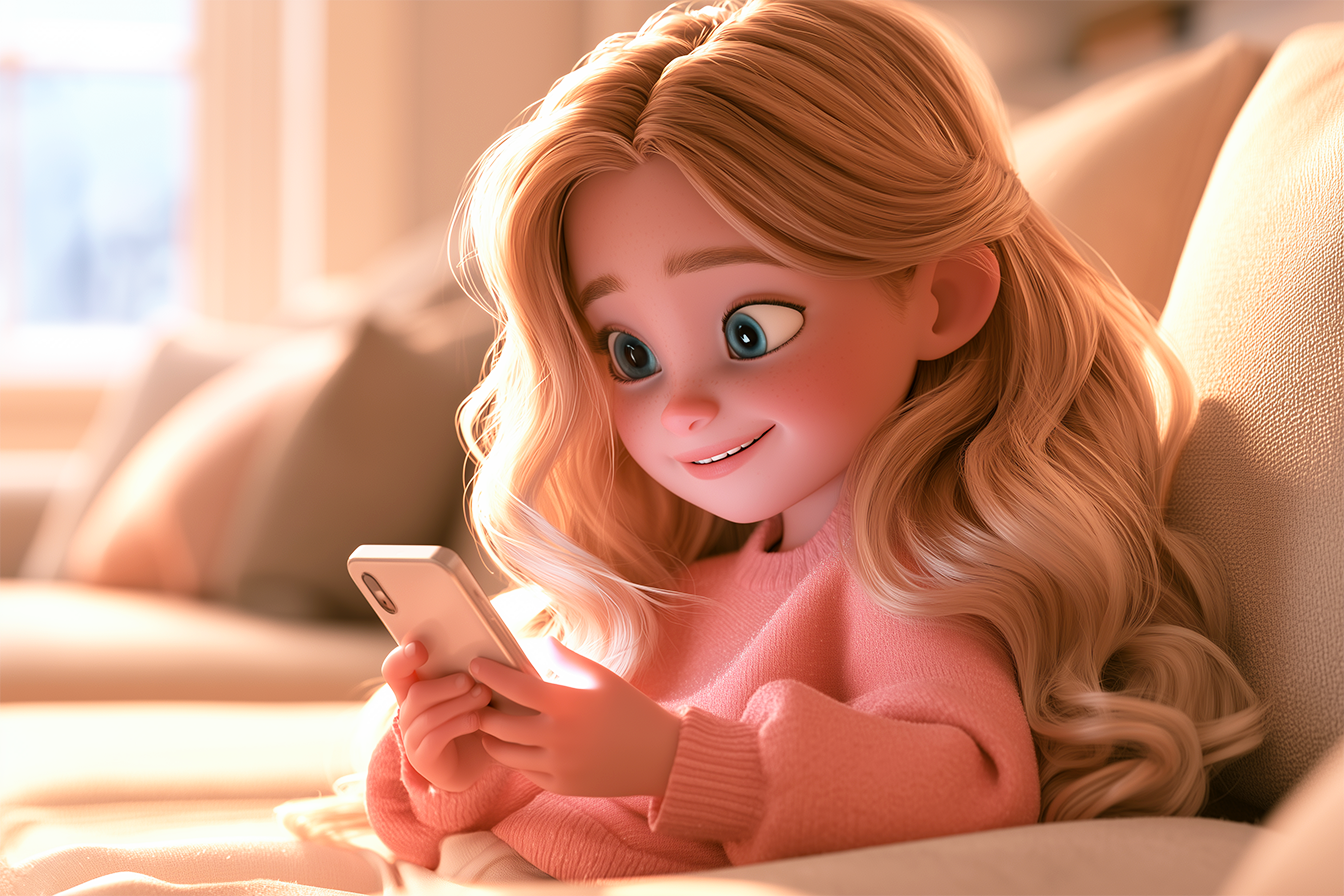Una bambina sul divano con uno smartphone in mano sta utilizzando una app di inglese ia