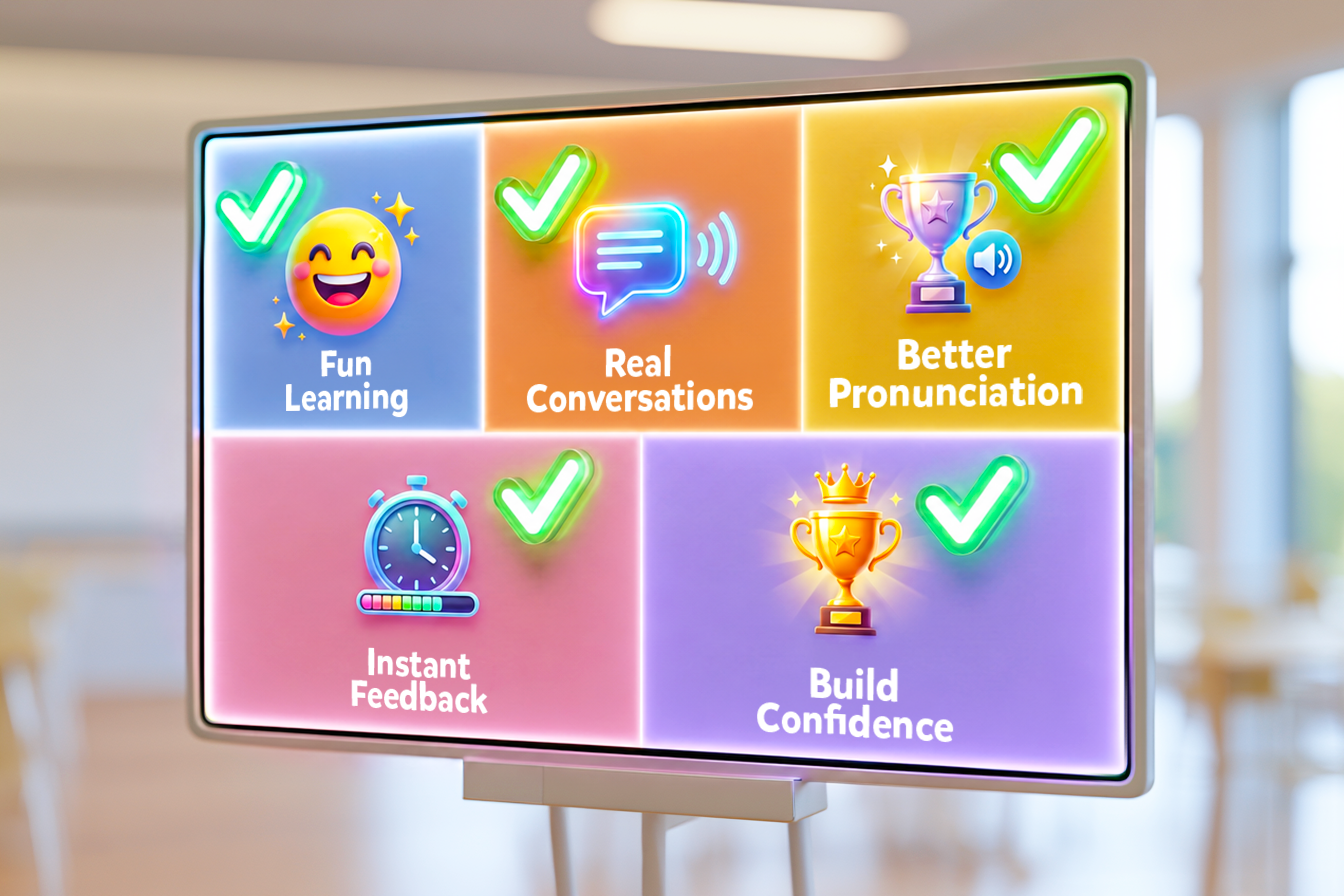 Una lavagna virtuale illustra i vantaggi di imparare l'inglese con l'intelligenza artificiale: ✅ Fun Learning ✅ Real Conversations ✅ Better Pronunciation ✅ Instant Feedback ✅ Build Confidence