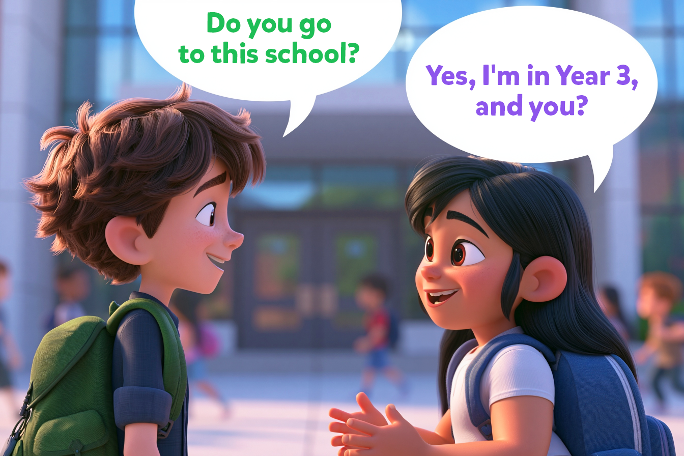 Un bambino e una bambina si incontrano davanti alla scuola e dicono: - Do you go to this school? - Yes, I'm in Year 3, and you?
