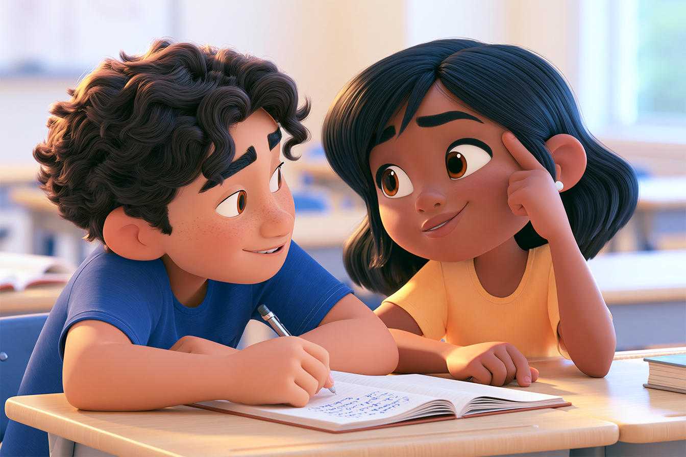 Un bambino e una bambina scrivono insieme un dialogo per simulare un colloquio fra due persone in inglese