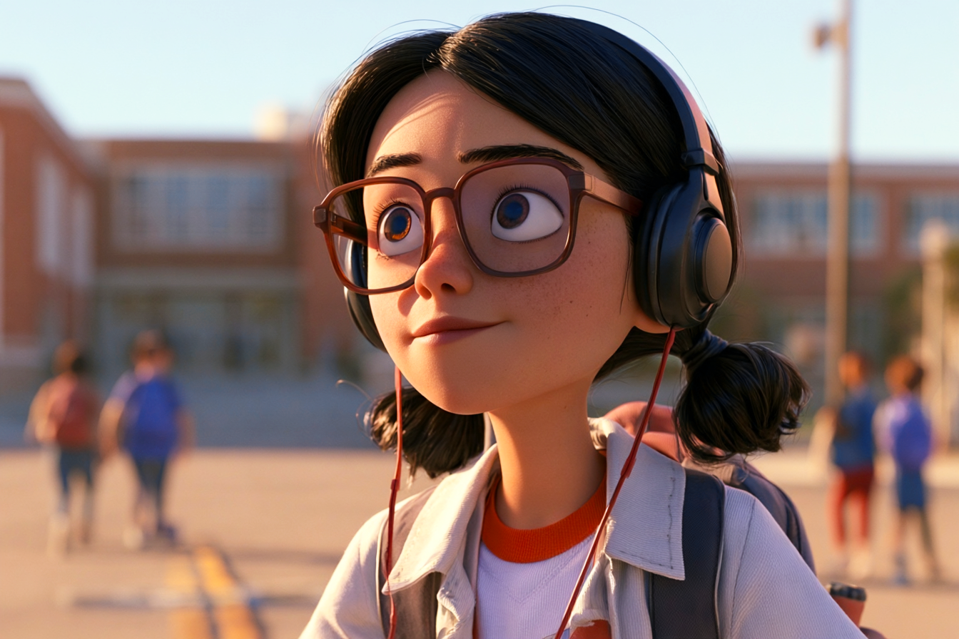 Una bambina di circa 10 anni va a scuola. Alle orecchie ha delle cuffie con cui sta ascoltando un podcast in inglese per bambini per esercitare il vocabolario