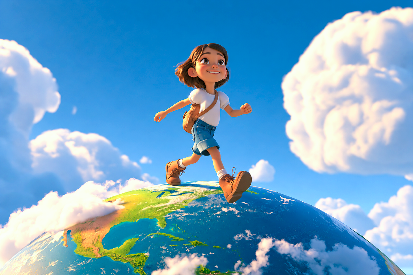 vediamo una bambina che cammina sorridendo sul Mondo, per simboleggiare tutti i vantaggi dell' imparare l'inglese