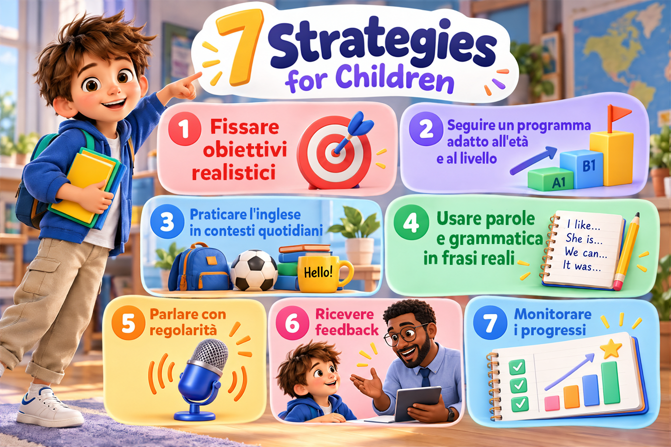 Inglese come impararlo - Infografica : sette strategie per bambini, tra cui fissare obiettivi realistici, seguire un programma adatto all'età e al livello, praticare l'inglese in contesti quotidiani, usare parole e grammatica in frasi reali, parlare con regolarità, ricevere feedback e monitorare i progressi.