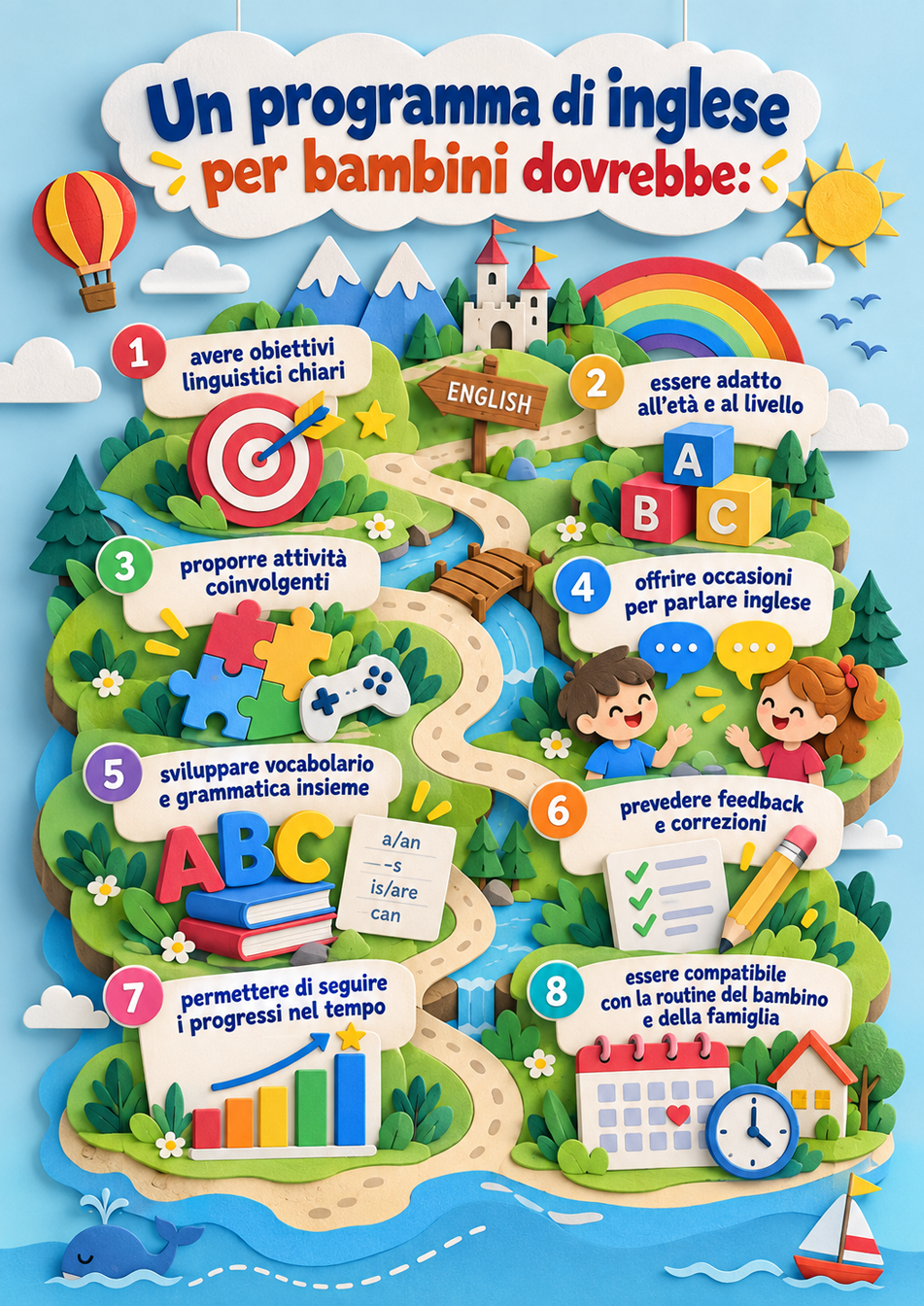 Infografica sulle caratteristiche che un corso / programma di inglese dovrebbe avere.