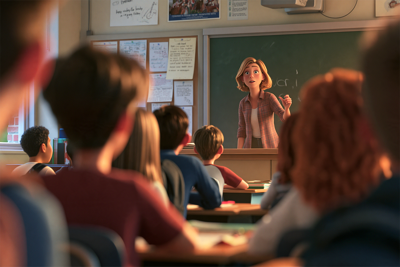 Vediamo una classe di terza media, diversi ragazzini sui banchi, la professoressa di inglese alla lavagna che spiega qualcosa