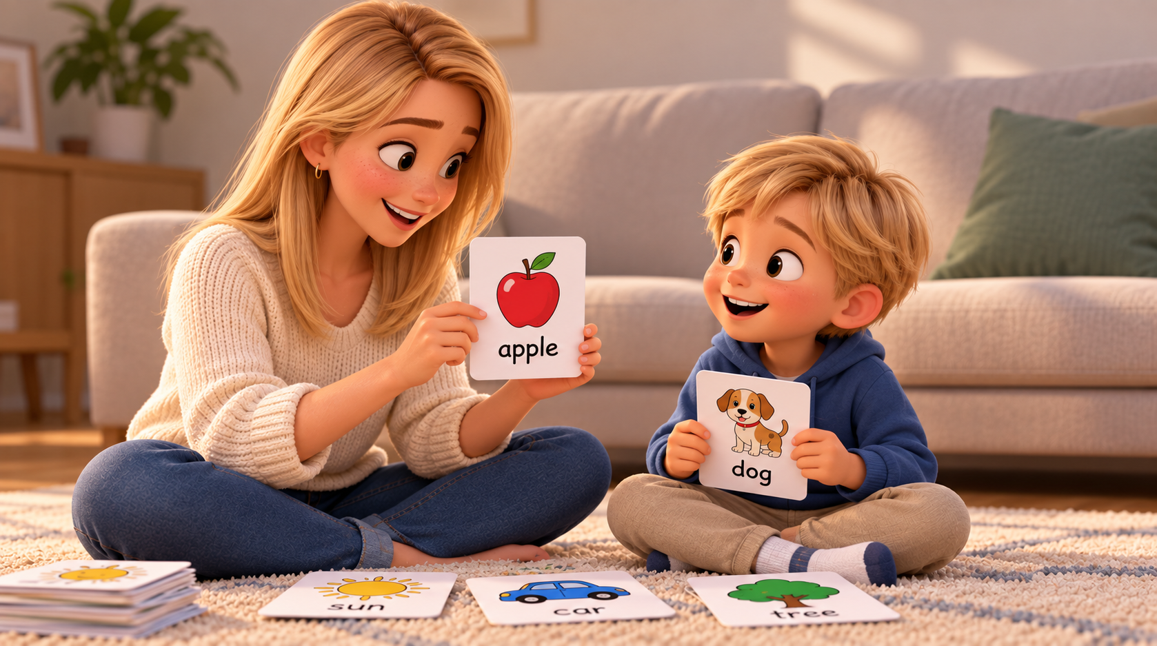Mama și copilul învață la engleză cu cartonașe